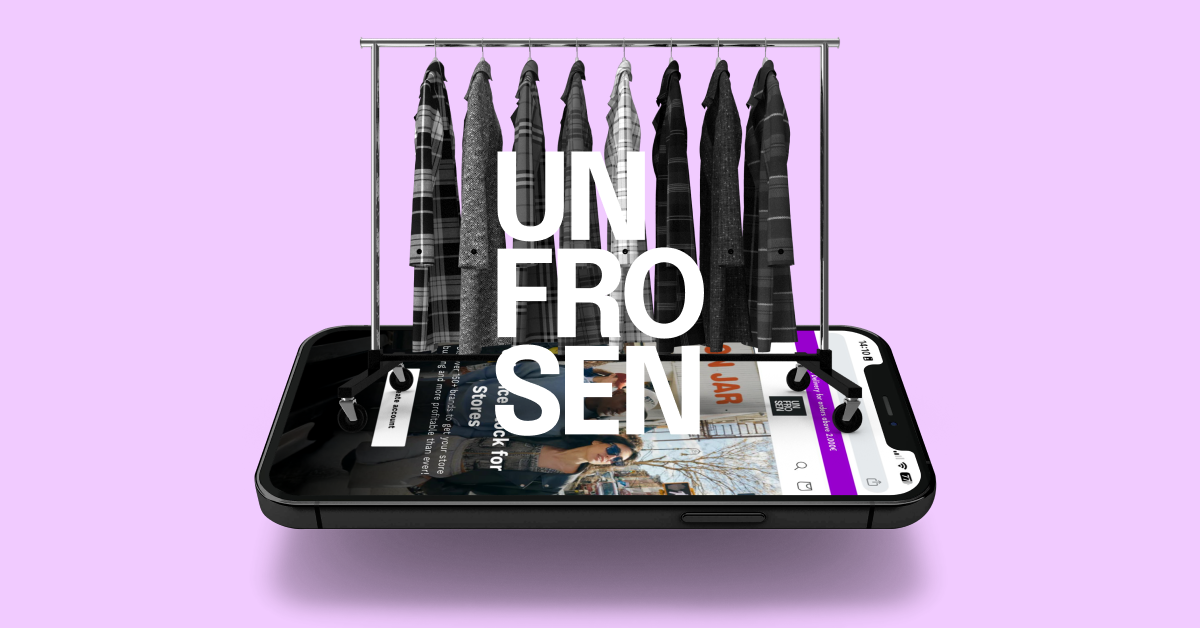 Presentatiebeeld van Unfrosen met een kledingrek boven het inkoopplatform op een telefoon