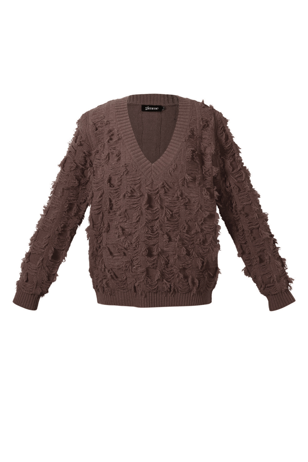 Gimme V Sweater With Fringes in donkerbruin