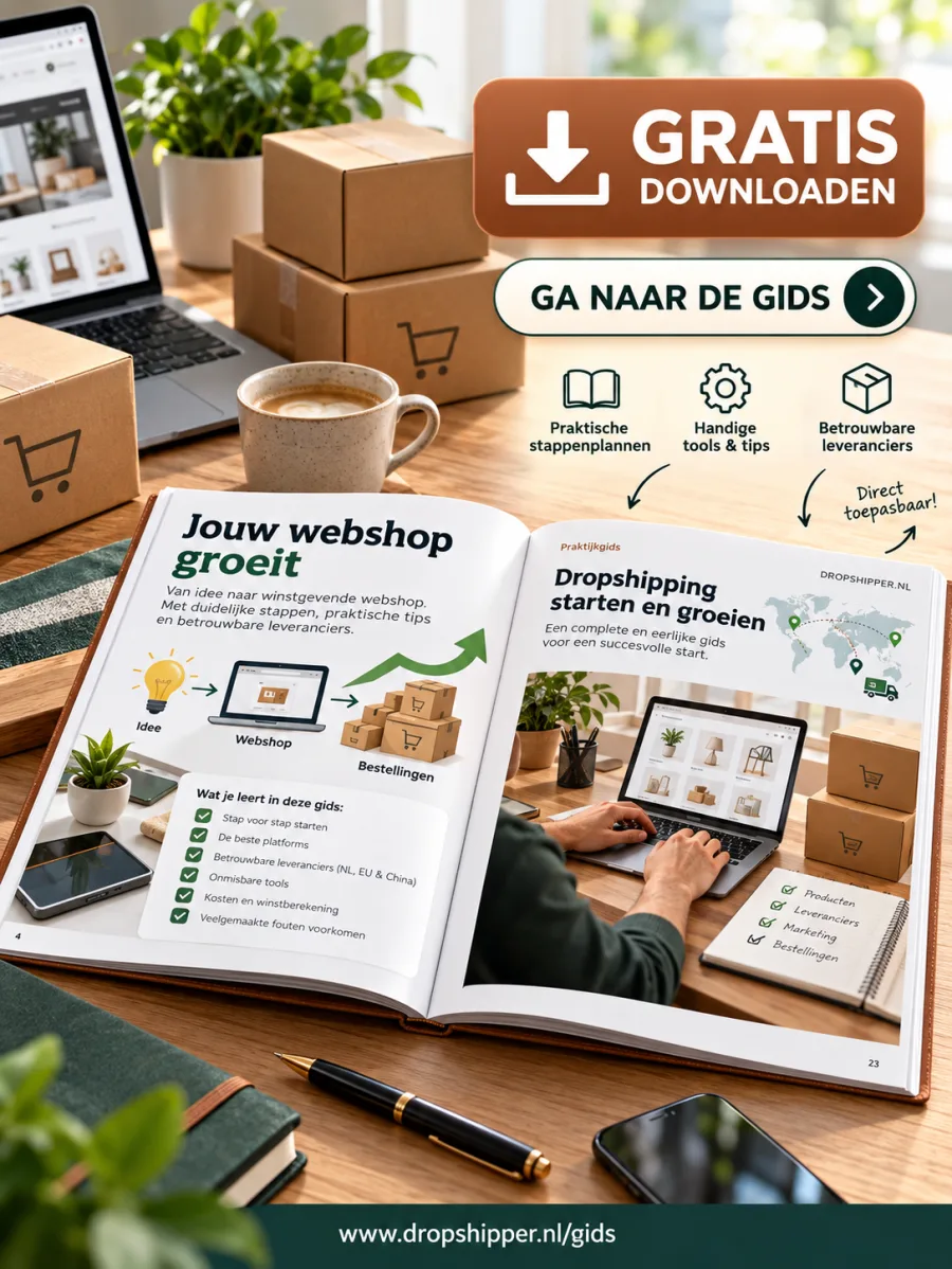 Praktijkgids Dropshipper.nl: open boek met stappenplan op een werkplek