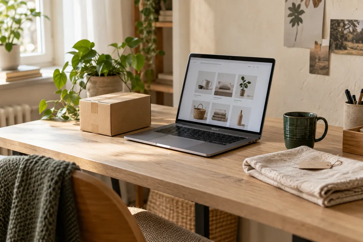 Een werkplek met een webshop op een laptop, een pakket en een productmonster.