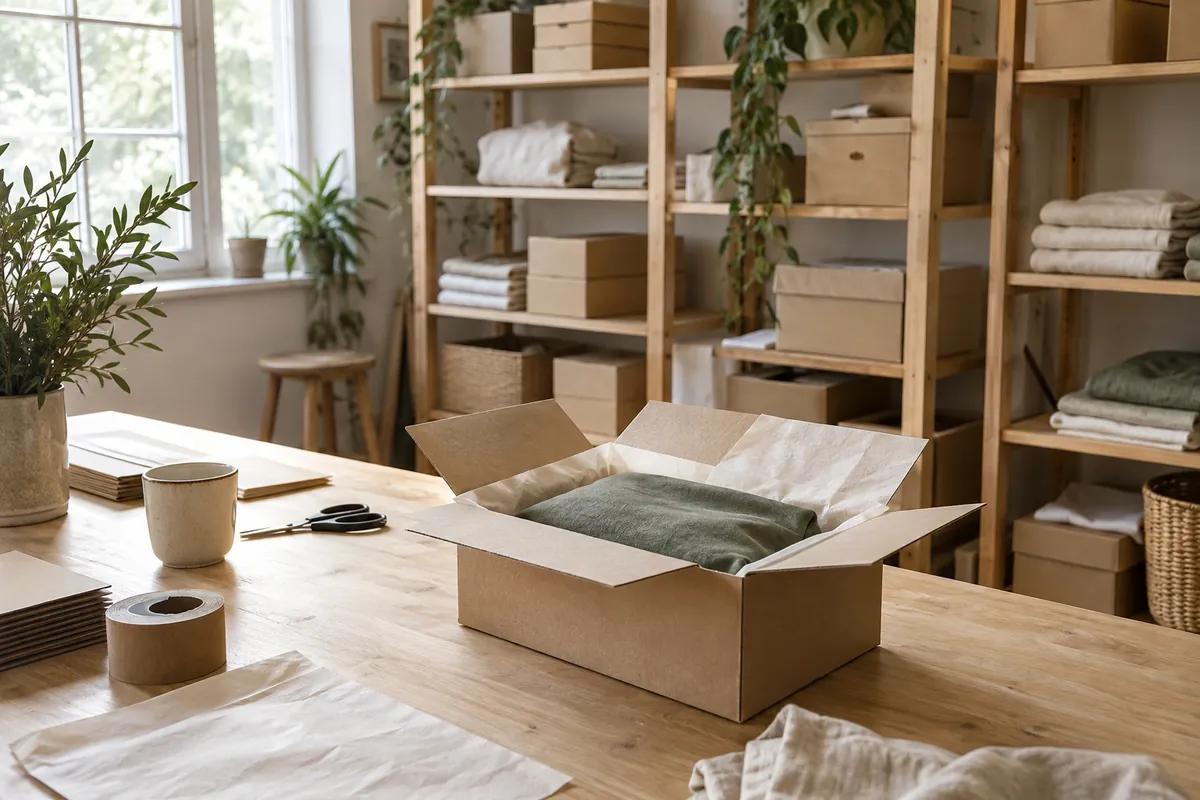 Een open pakket op een houten werktafel, met dozen en textiel op de planken erachter.