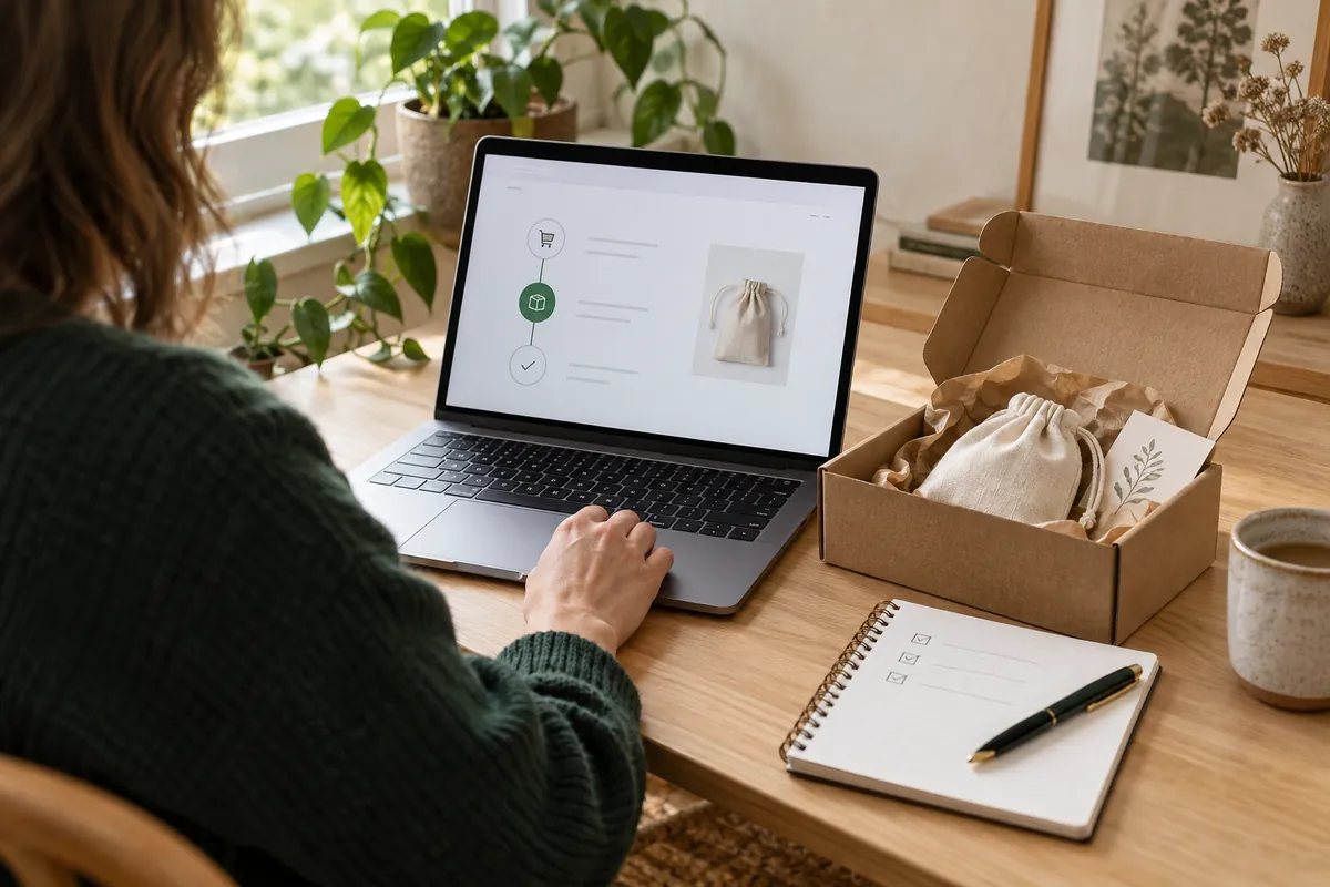 Een ontvangen proefpakket naast een laptop en een checklist.