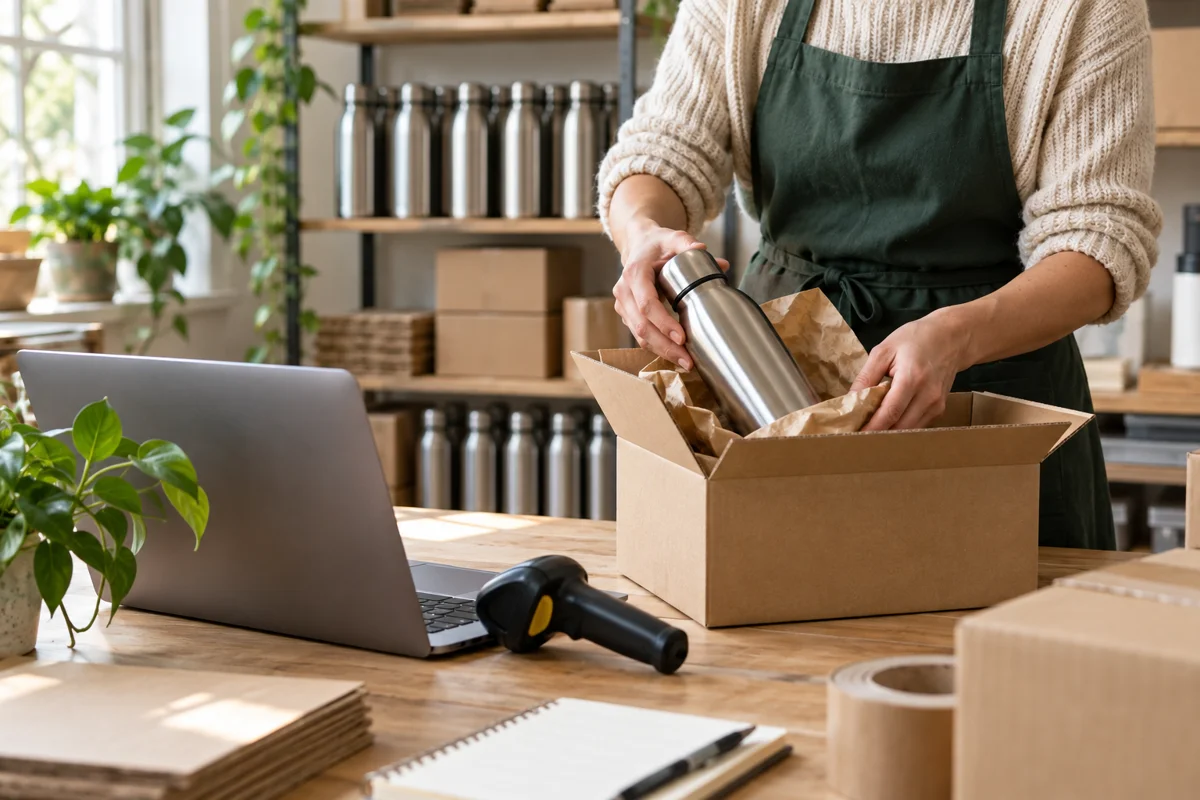 Illustratie van een ondernemer die een product uit eigen voorraad inpakt