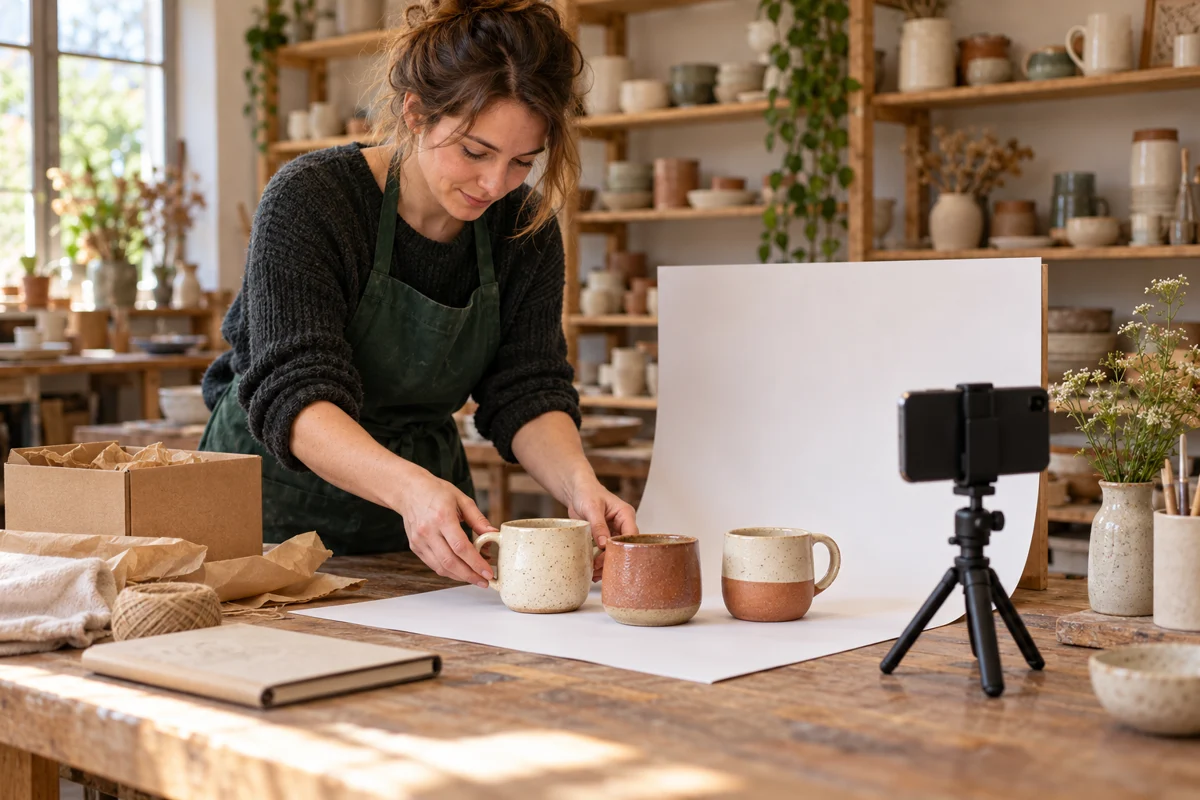 Illustratie van een keramiekmaker die handgemaakte mokken klaarzet voor een productfoto