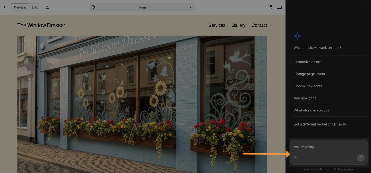 Officieel voorbeeld van de WordPress.com AI-editor met websitevoorbeeld links en het chatvenster rechts