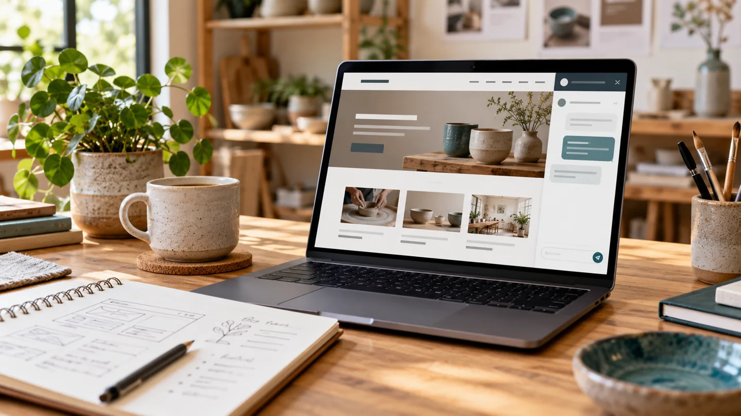 Laptop met een illustratieve websiteopzet en AI-chat naast een schetsboek op een werktafel